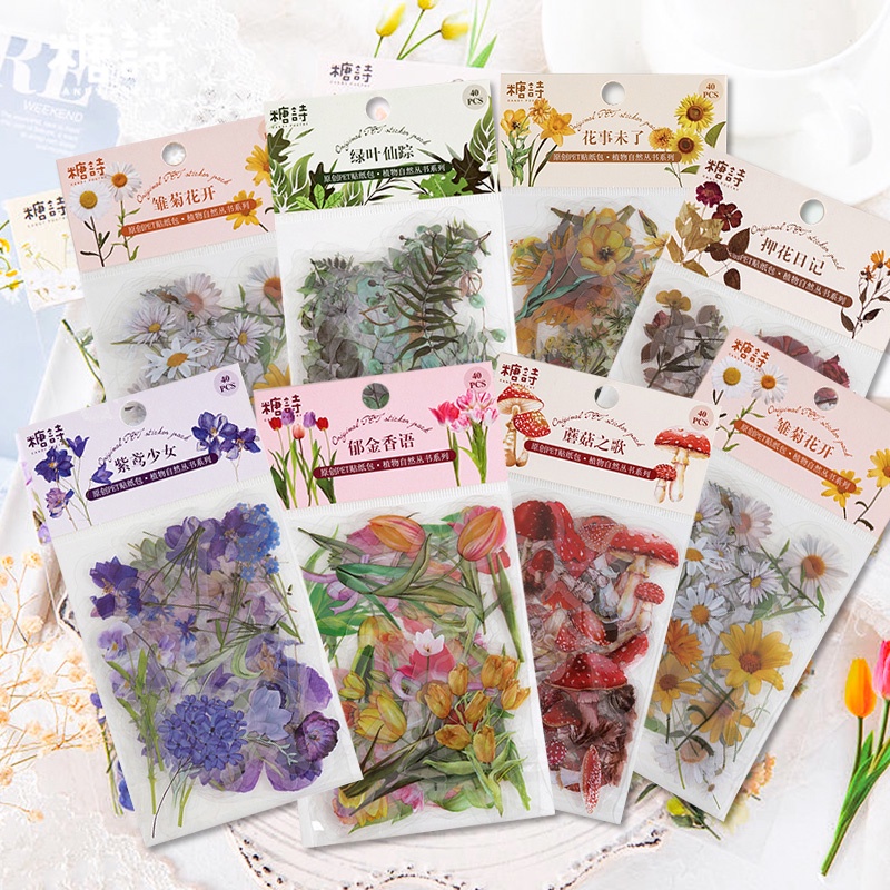 40 Pcs Waterproof PET Plant Sticker Mobile Phone Decoration Material Stickers