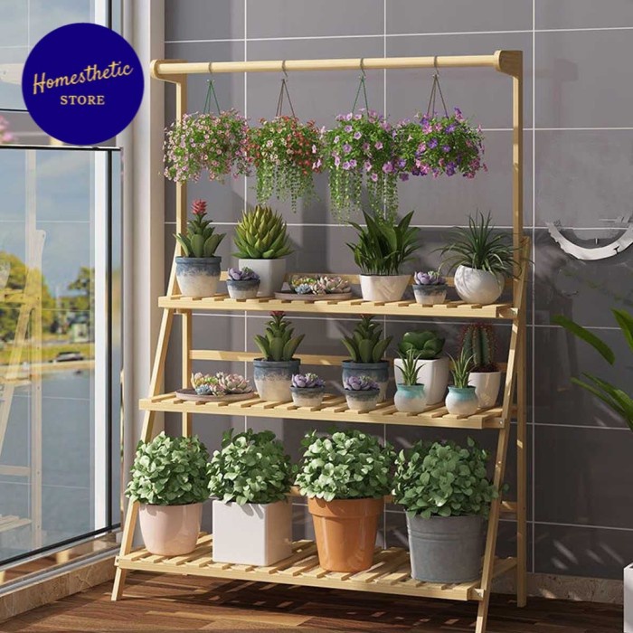 Rak Tanaman - Rak Tanaman Kayu Susun 3 Tier Rak Pot Bunga Kayu 3 Tingkat Panjang 1 M