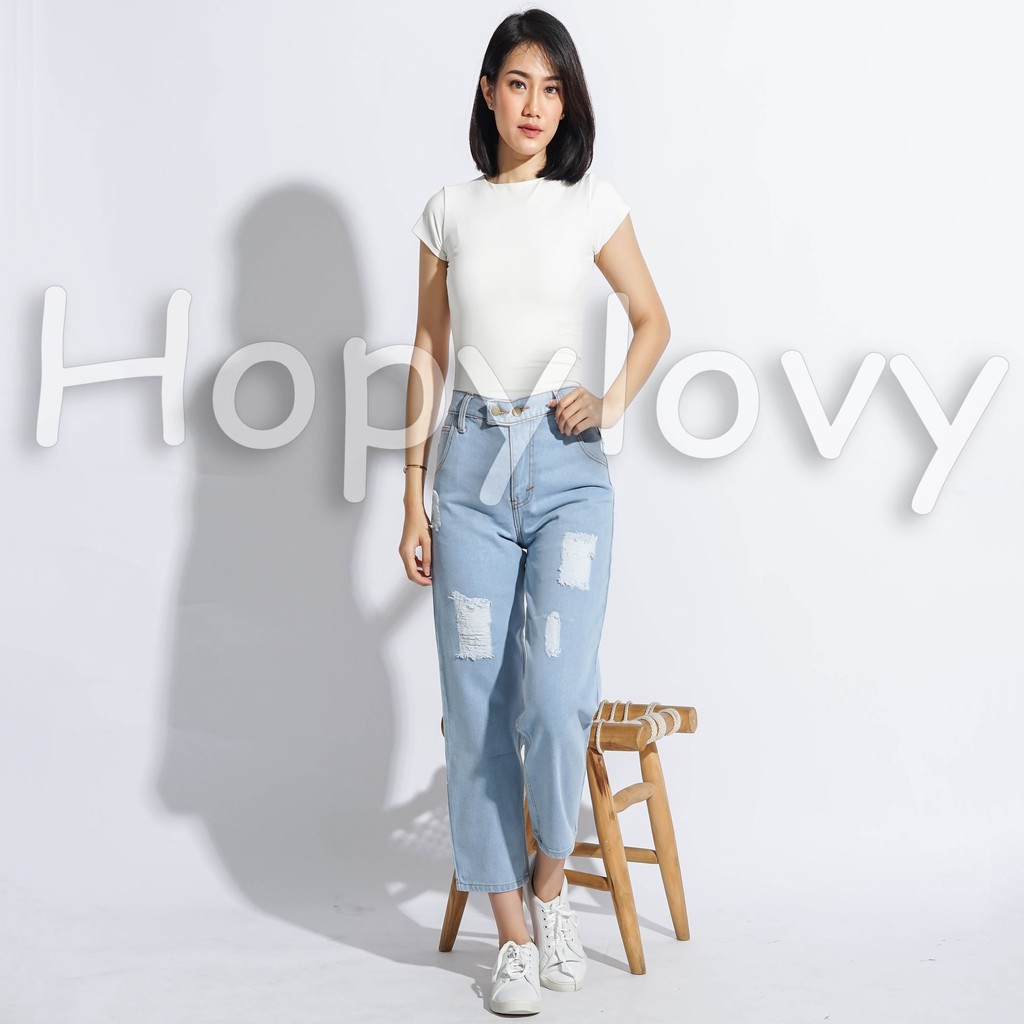 HOPYLOVY - Celana Jeans Boyfriend Wanita Ripped Furing Danita