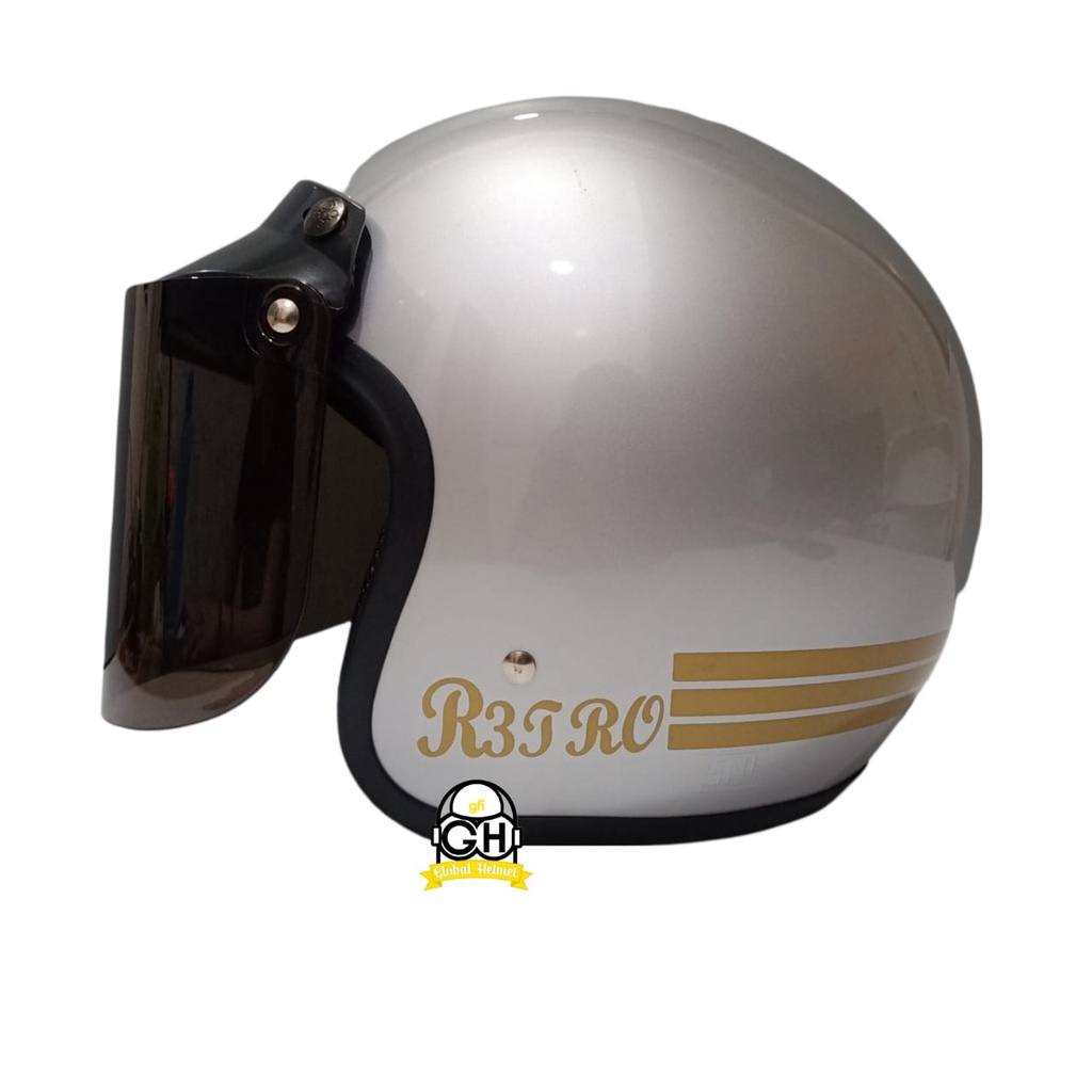 HELM BOGO CLASSIC SILVER GARIS RETRO MOTOR DEWASA SNI FREE KACA FLAT