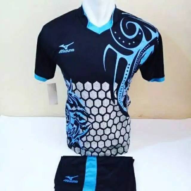 Setelan Olahraga Jersey Baju Voli Mizuno Costum Bola Futsal MZ03 HitamBiru