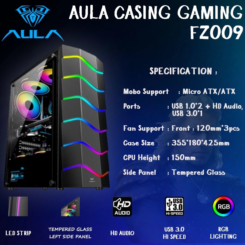 Casing AULA FZ009 FZ011 FZ012 Tempered Glass Mid ATX Tower Gaming Case Free 3 Fan