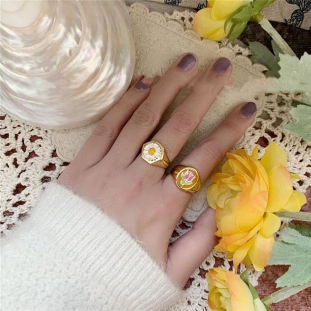 Creative Geometric Sweet Flower Ring Retro Multicolor Love Ring Fashion Index Finger Ring Accessories Female