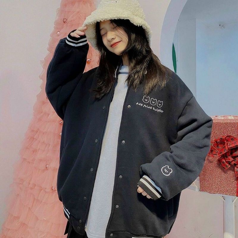 Xxl Bordier Jaket  Baseball Oversize Wanita Net Print | Sweater Jacket Varsity Wanita Oversize Korean Style