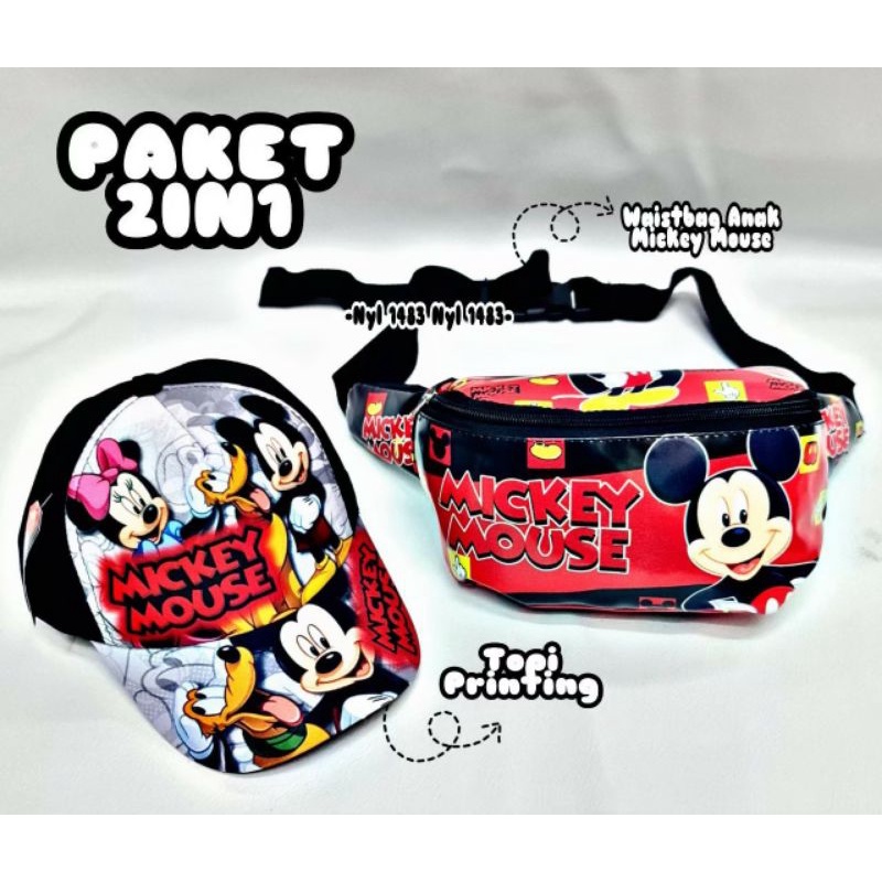 Paket 2in1 tas selempang bahu waistbag anak + topi full print motif kartun lucu