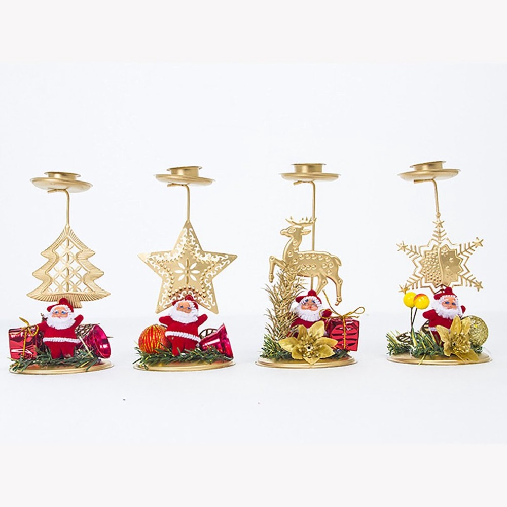 Desktop Ornaments Decor Holder Perlengkapan Xmas Meja Gold Xmas Kekinian Besi Lilin Produk Dekorasi Natal Santa Claus Snowflake Star Elk Tree Candle Holder