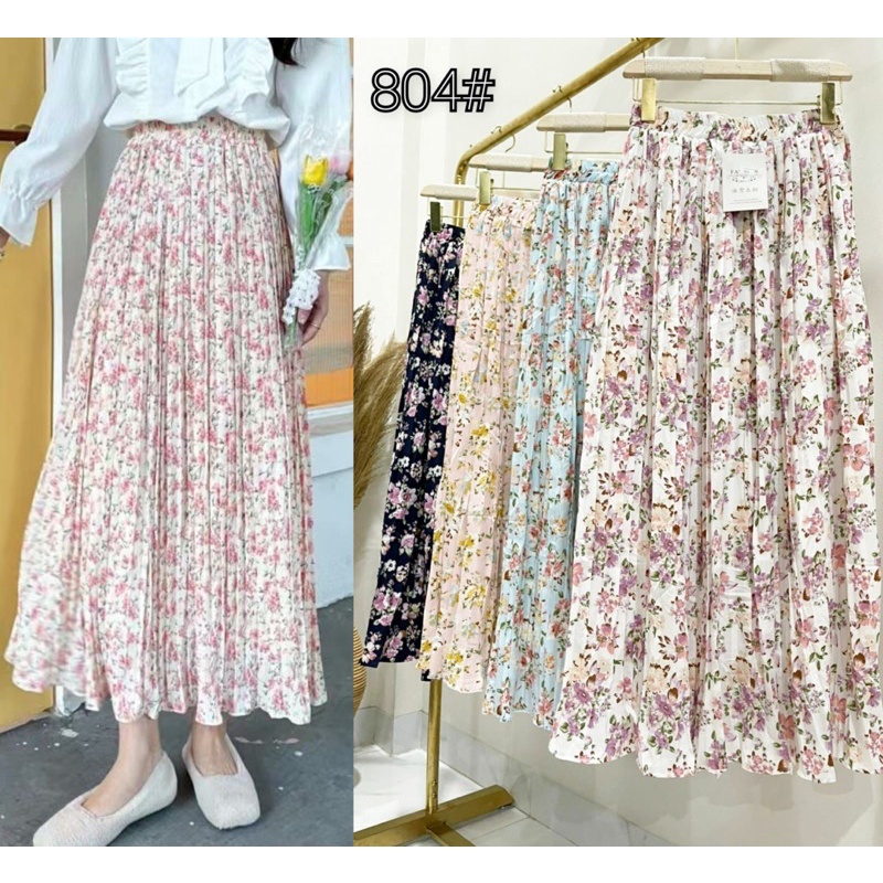 Korean Chiffon Flower Pleated Long Skirt Import Premium ( Rok Sifon Korea Prisket Panjang )