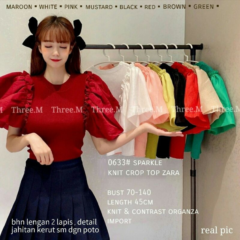 0644 Crop Tops SPARKLE  Baju atasan lengan balon ruffle layer crop top rajut pendek hijau merah hita