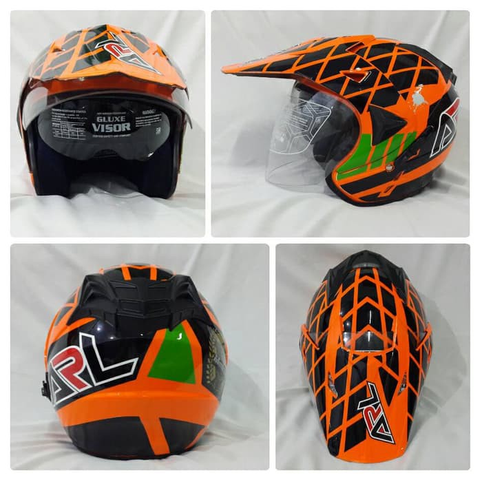Helm ARL Semi Cross Half Face Double Visor Motocross Orange.