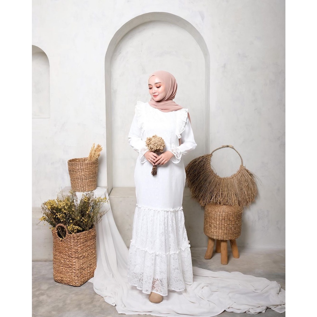 Gamis Semi Duyung DILWA Dress Muslim Bridesmaid Brokat Tile Gamis Brukat Baju Pesta Party Dres Putih