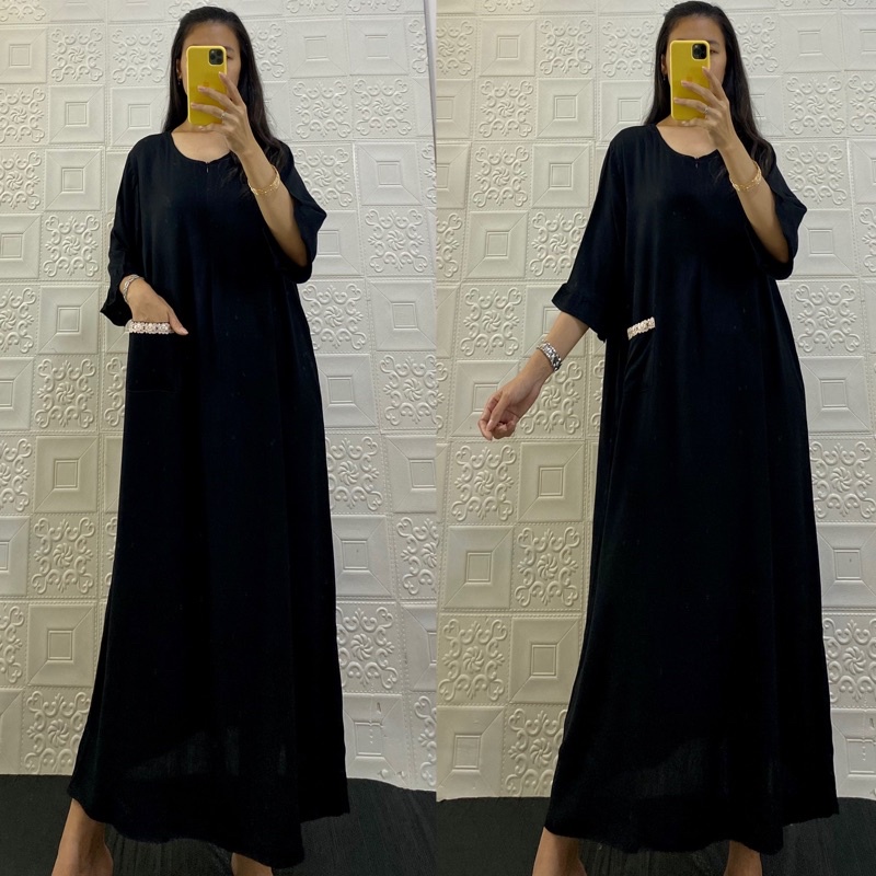 daster tangan 3/4 /tangan 7/8 / busui/panjang viral jumbo /long daster/daster 3/4 /homedress/daster semata kaki/daster gamis-Tk⅞  HITAM