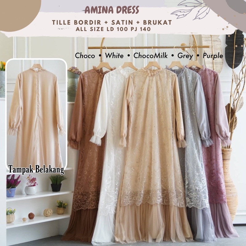 Amina Tille Bordir Ld 100 Pj 140/Dress Tille Mix Brukat/Dress Kondangan/Dress Remaja/Dress Sage