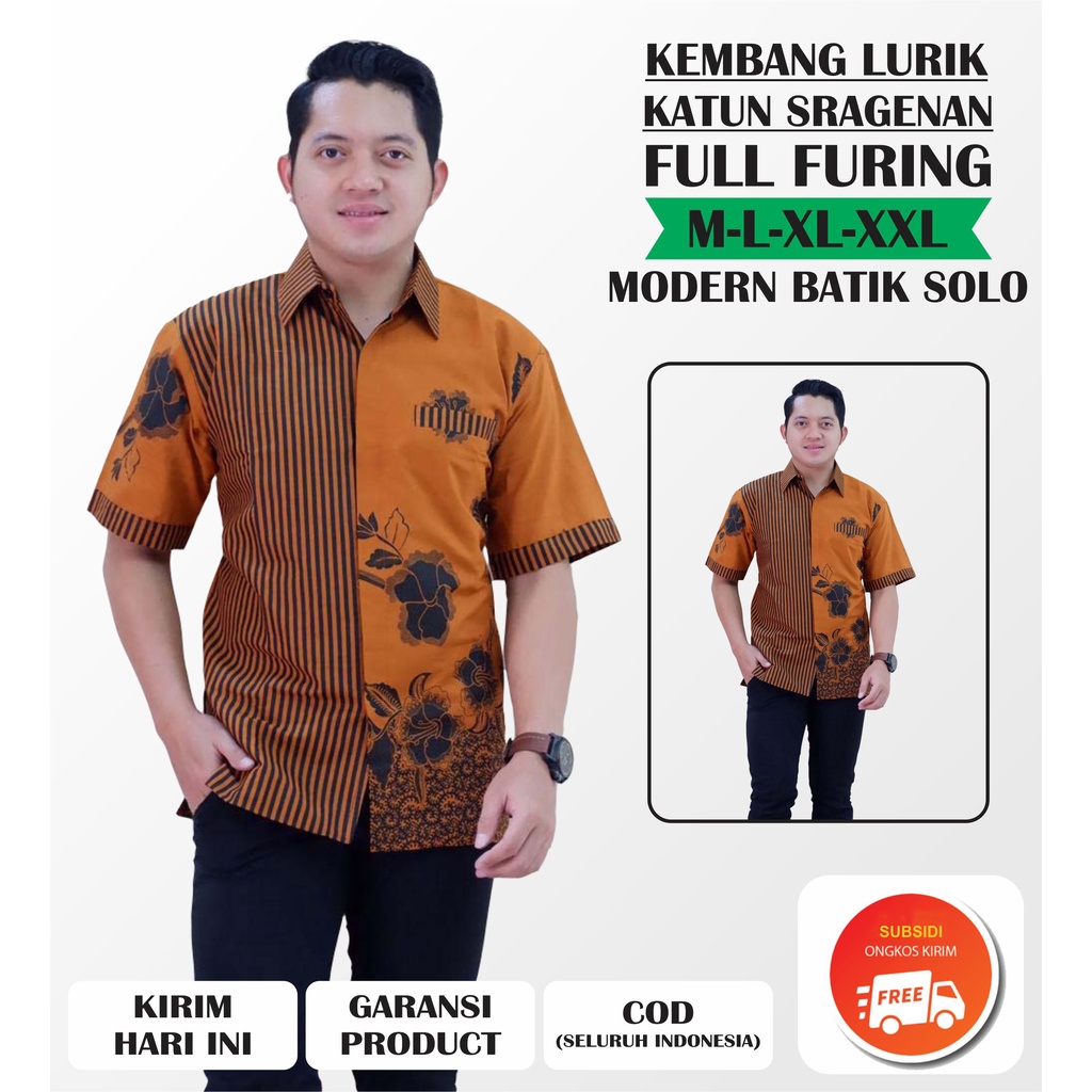 Hem Batik Modern KEMBANG LURIK Kemeja Atasan Batik Pria Lengan Pendek Baju Batik Solo Original