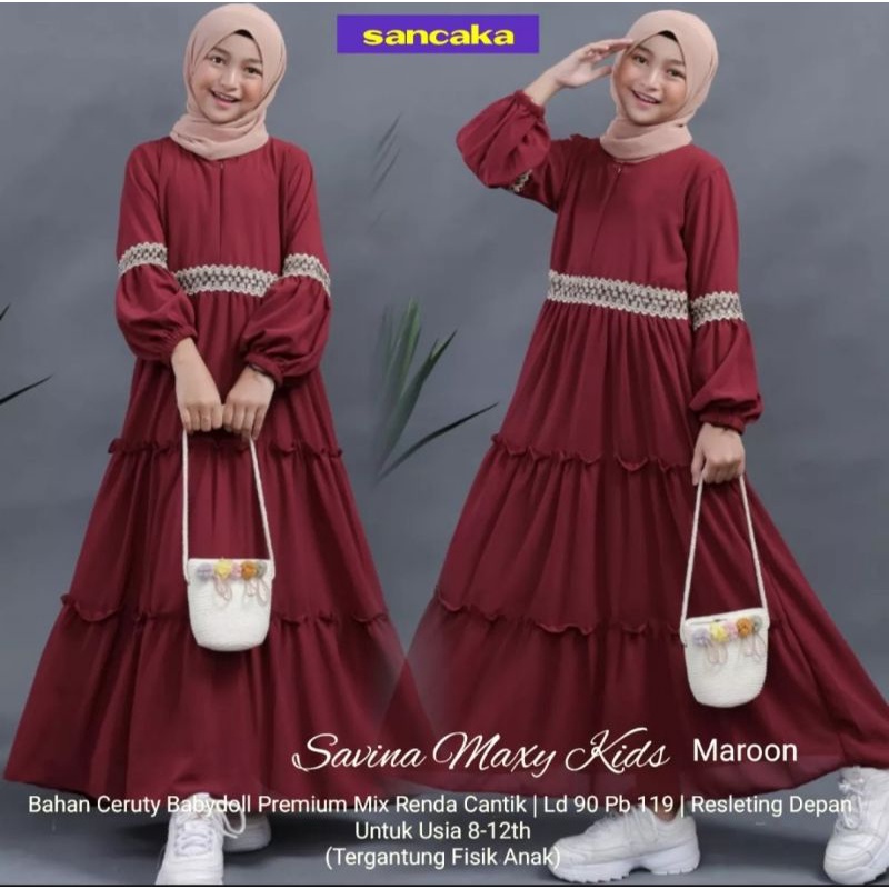 Gamis anak ceruty babydoll untuk usia 7~16 tahun Syari savina maxy kids