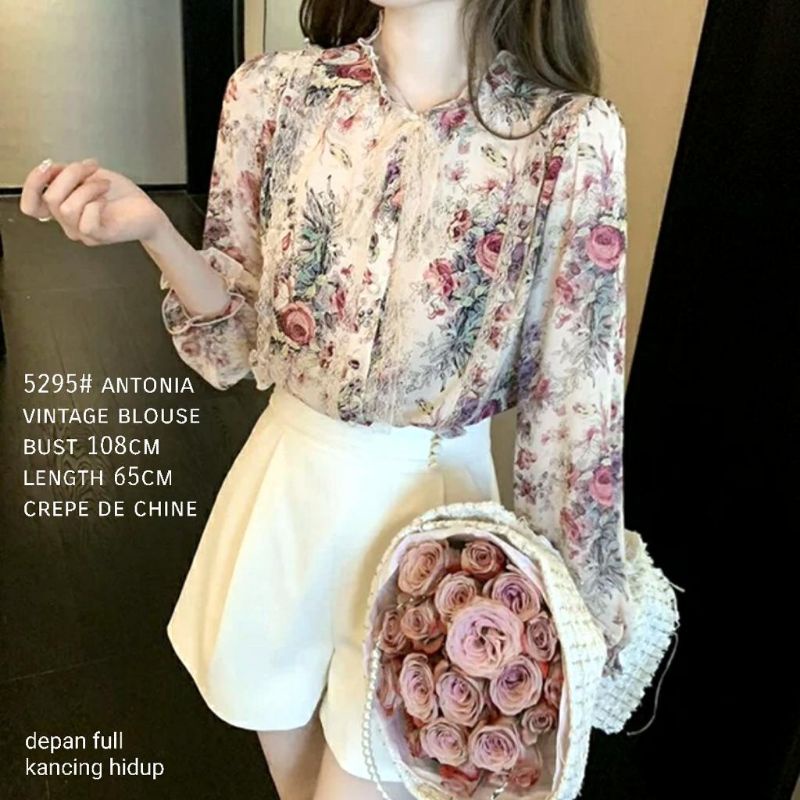 MDLV ~ 5295# Antonia Vintage Blouse Rose Korea Atasan Import