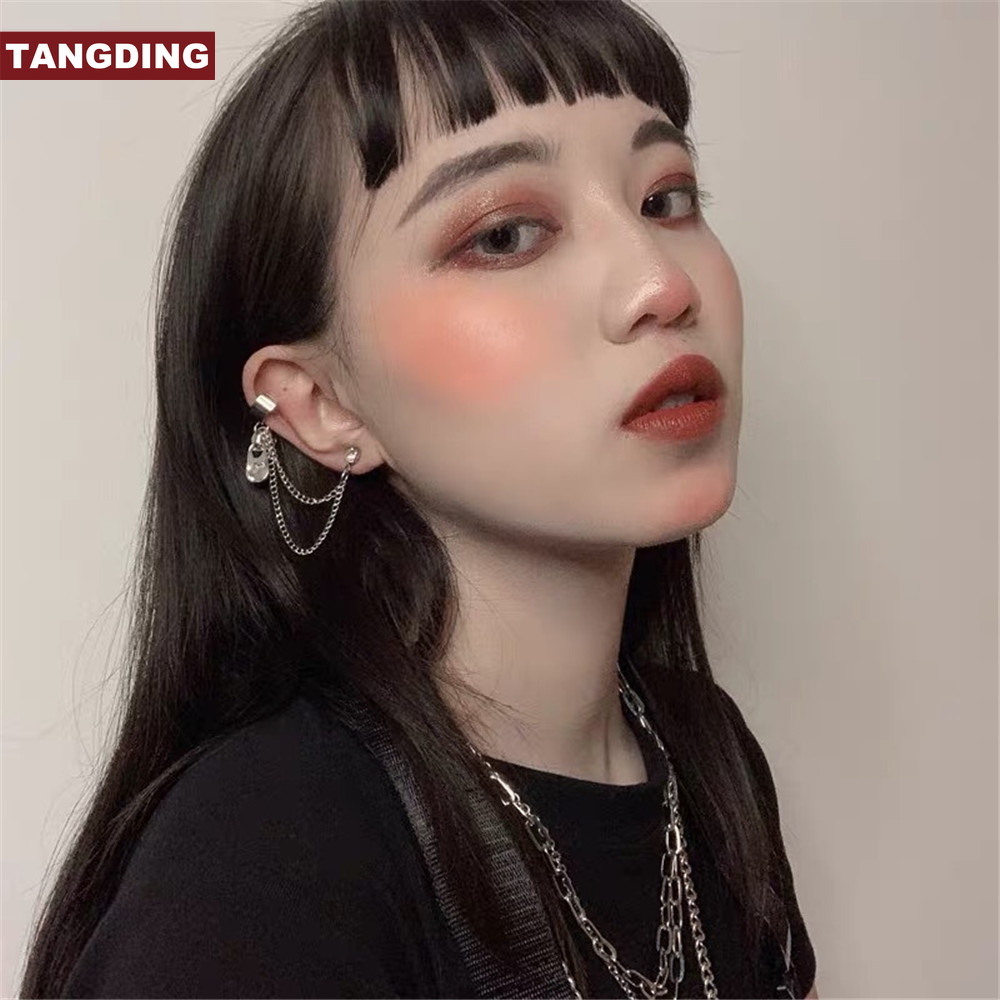 【COD Tangding】1pc Cool Hip-hop Girl Zipper Chain Rhinestone Ear Clip Punk Girl Bungee Earring