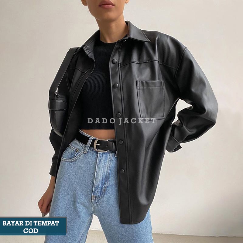 Jaket Wanita Oversize Kemeja Blazer Bahan Semi Kulit Sintetis Viena Import PU Faux Synthetic Leather