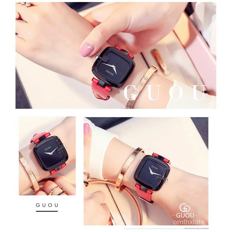 【Factory Outlet】GUOU Black Unique Square Watches for Women Big Face Dial 35MM Female Quartz Simple Ladies Wristwatch【COD】【100% Ori】【With box】