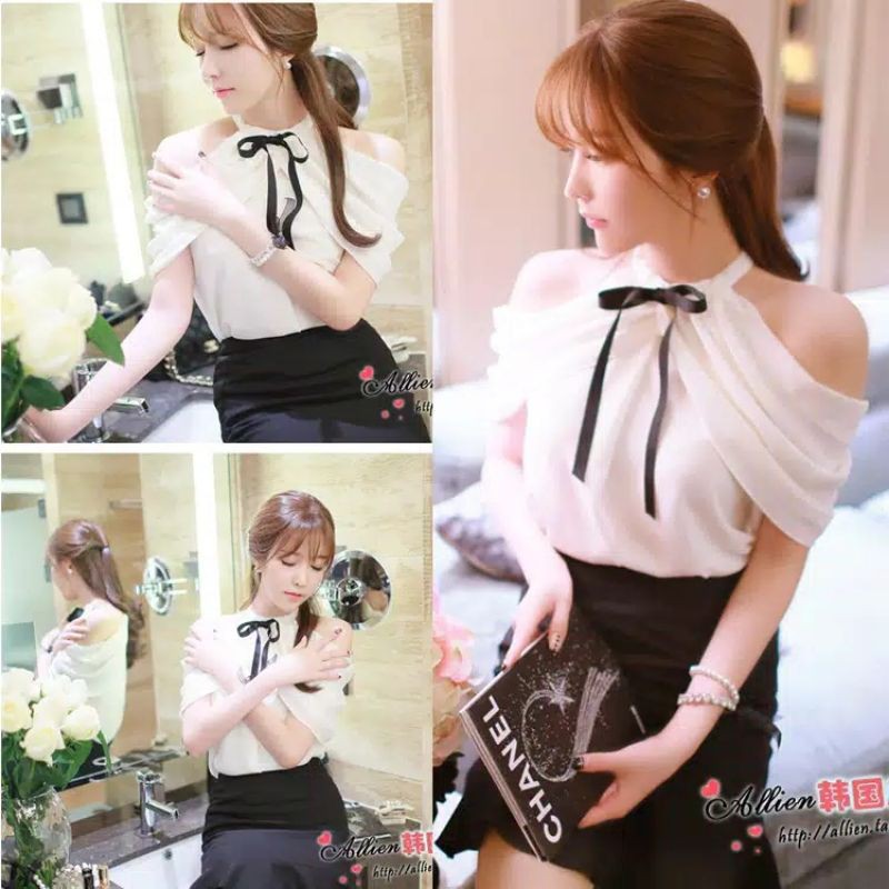 IMPORT Blouse Atasan Korea Outshoulder Putih chifon Sifon
