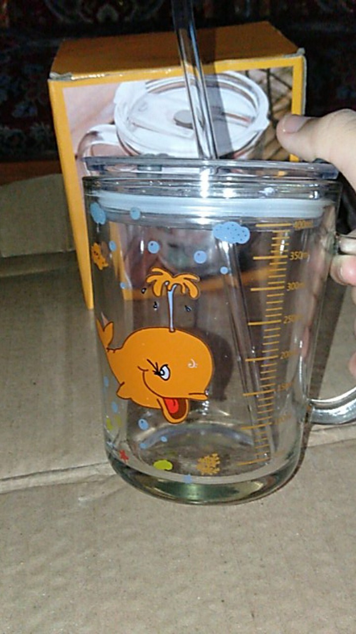 Mug Kaca + Sedotan+ Pegangan/glass Handle + Straw Gelas Kaca Motif Karakter/gelas Karakter 350ml