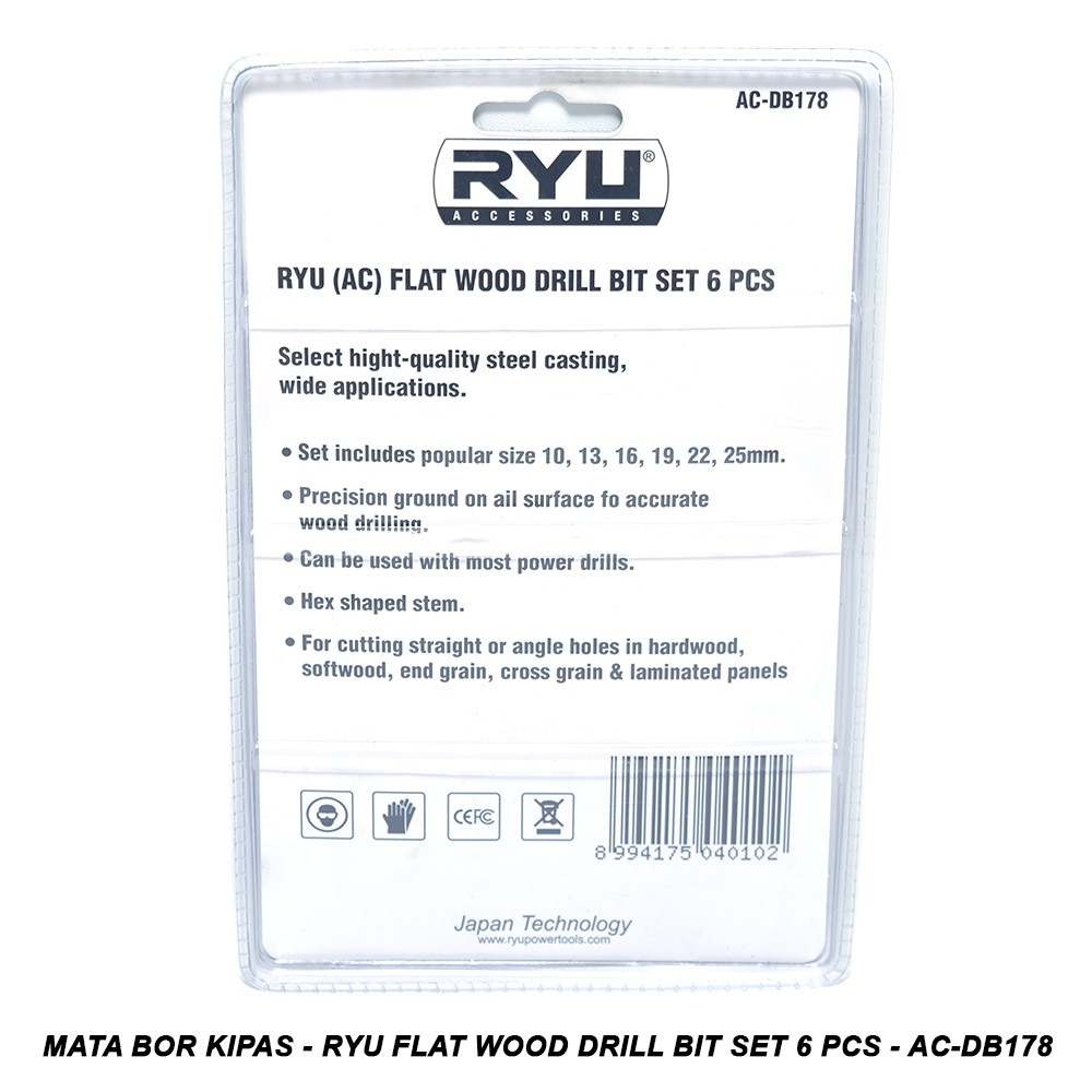 Ryu Flat Wood Drill Bit Set 6 Pcs - AC-DB178 - Mata Bor Kipas