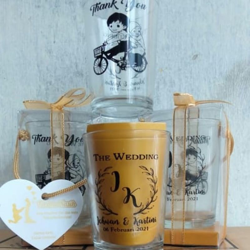 Souvenir pernikahan gelas kaca bening sablon custom gelas jamu plus cetak sablon dan kemasan