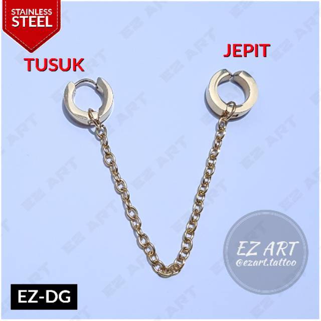 1Pc Model EZ-DG Emas Gold Anting Double Ganda utk Pria dan Wanita Jepit Tusuk Sambung Rantai