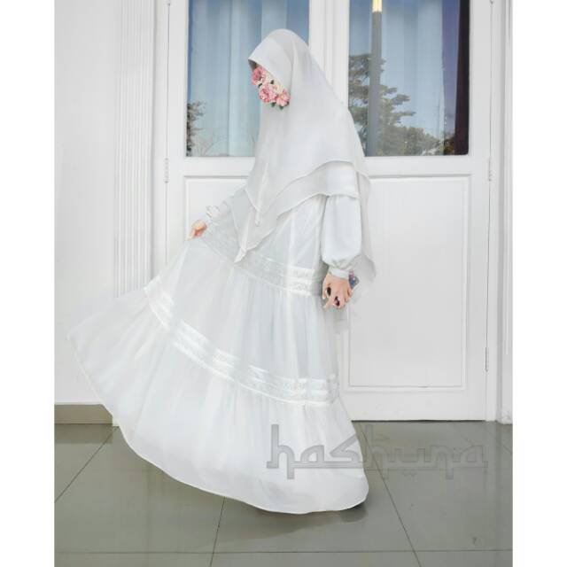 Gamis broken white hashuna akad nikah pengantin syari new lebaran umroh haji bukan preloved