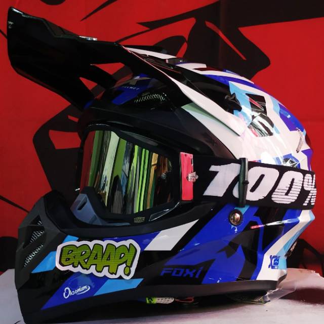 Helm Cross JPX Fox1 motif X29 Blue White + goggle 100% murah (2 kg)