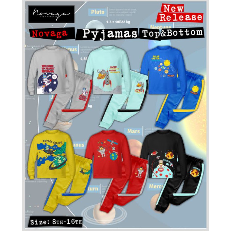novaga pajamas baju lengan panjang piyama anak cowok cewek size 8-16