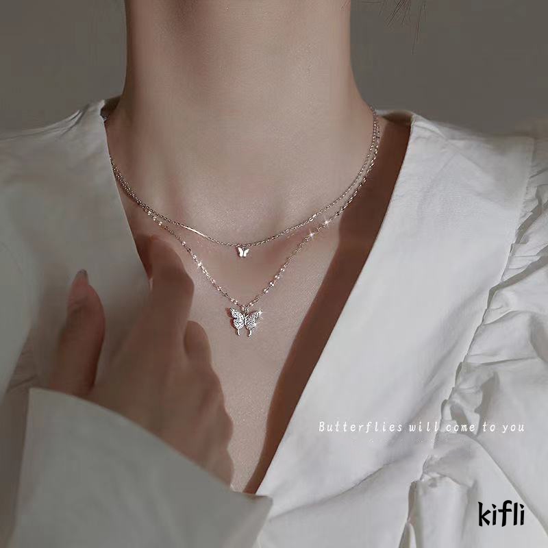 Korea Fashion,Multilayer Kalung Logam,Kupu-kupu Liontin,Kalung Logam Wanita Perhiasan,Aksesoris