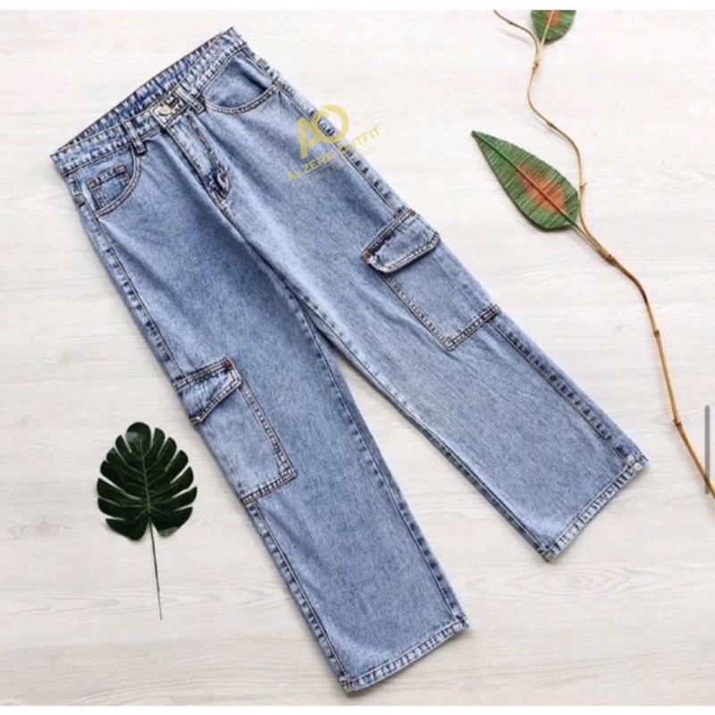 Highwaist Celana Jeans Cargo Wanita / Celana Cargo Jeans By Alzera