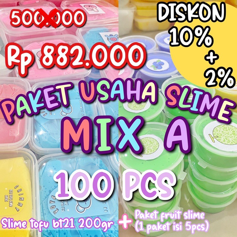 PAKET USAHA SLIME MIX A (BT21 TOFU SLIME + PAKET FRUIT SLIME)