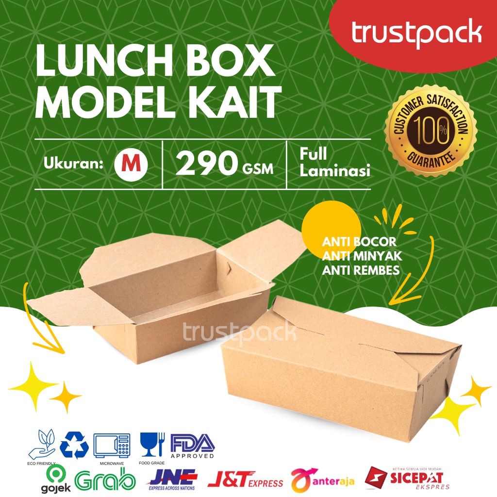 LUNCH BOX PAPER BAHAN KRAFT/ COKLAT MODEL KAIT FULL LAMINASI SIZE M