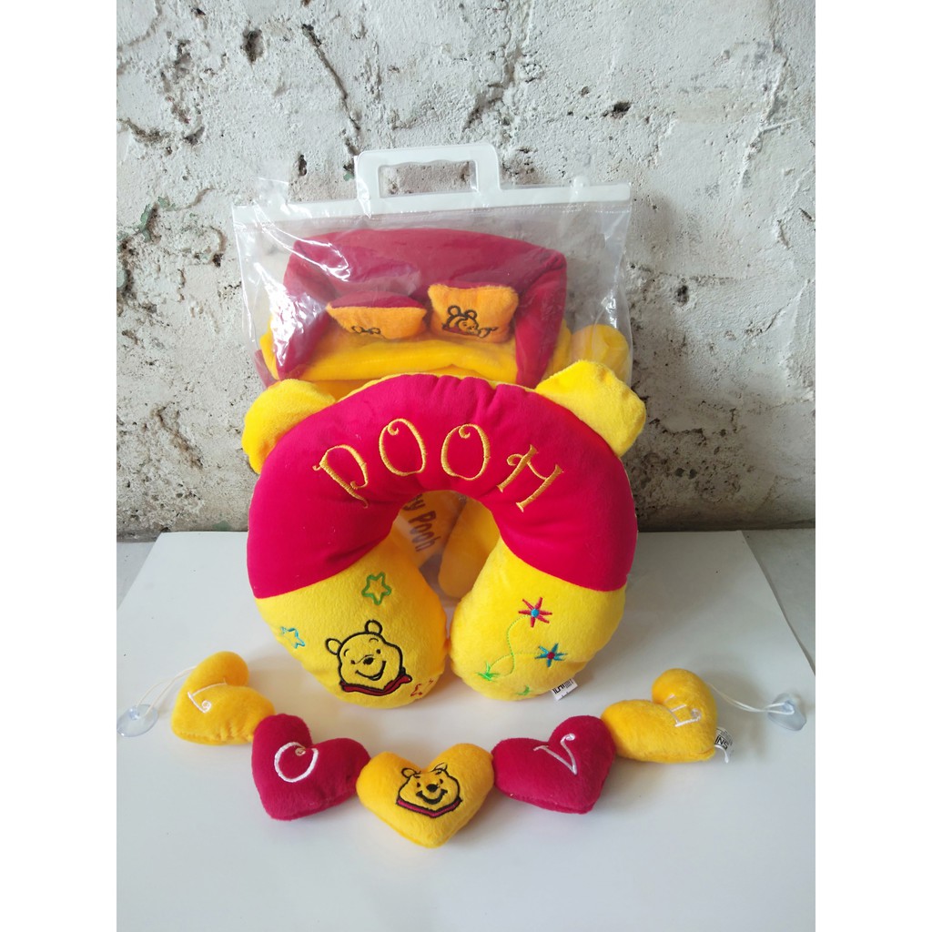 Set Interior Mobil Karakter Pooh - 3in1 - Renceng Love - Bantal leher - Cars Set Mobil Karakter