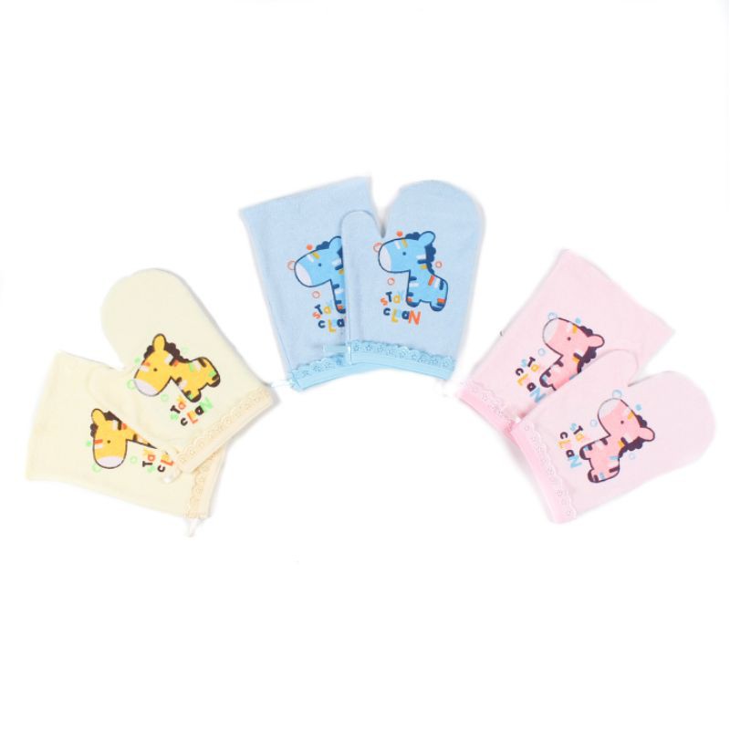 WASLAP PELENGKAPAN BAYI SARUNG TANGAN MANDI BABY WARNA BIRU PINK YELLOW 1 PACK ISI 2