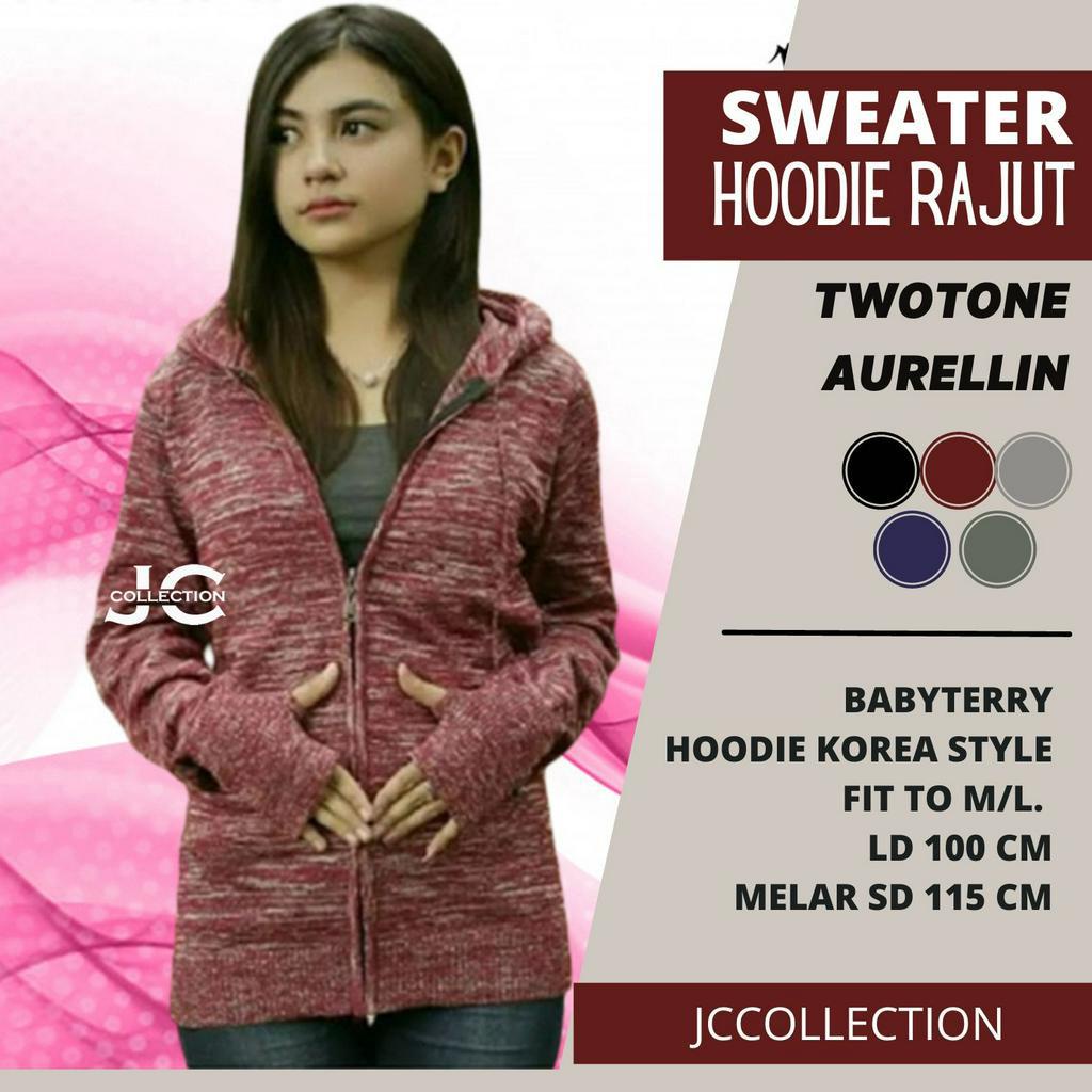 Jaket Rajut Twotone Arielli Knitting Sweater Hoodie Roundhand - JCCollections