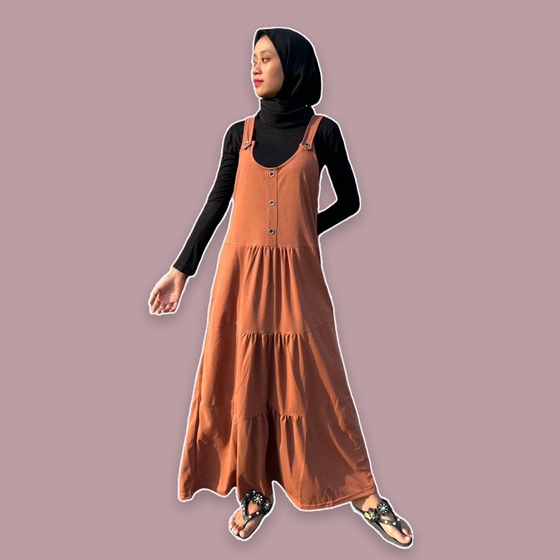 OVERALL PANJANG WANITA DEWASA BAWAH REMPEL BAJU OUTER TERUSAN MUSLIM ROK REMPEL KEKINIAN BAHAN VOXY MELAR MODEL KANCING