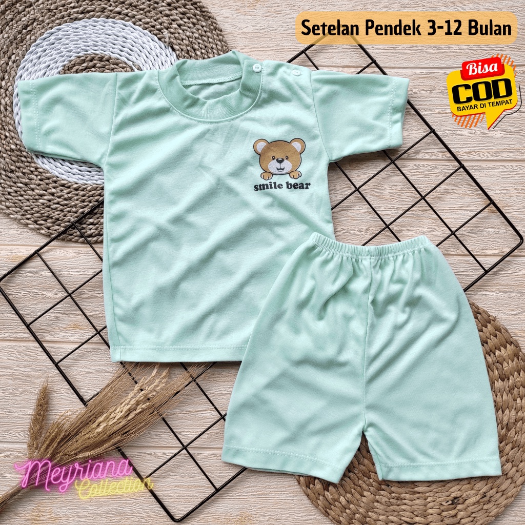 Setelan Baju Lengan Pendek Bayi Motip Smile Bear Anak Usia 3-12 Bulan Meyriana Collection