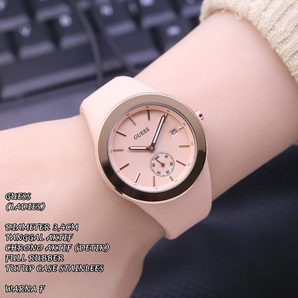 JAM TANGAN WANITA GUESS TALI RUBBER BODY BULAT POLOS TANGGAL &amp; CHRONO ON