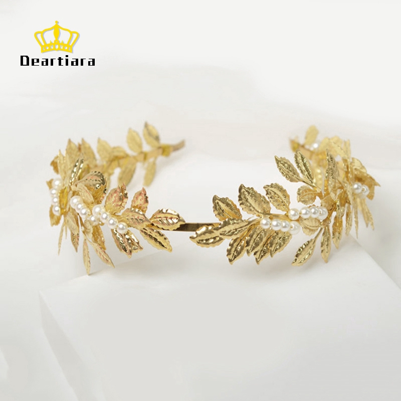 Tiara /Daun Bahan Metal Warna Emas Hias Mutiara Imitasi untuk Wanita