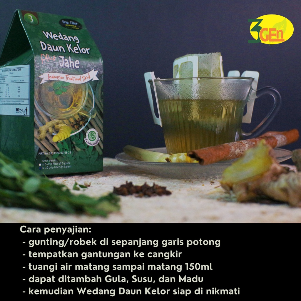 

3 GEN - Wedang Daun Kelor plus Jahe - ISI 5 Dripfilter (Menstabilkan gula darah dalam) cocok untuk penyidap diabetes, HALAL