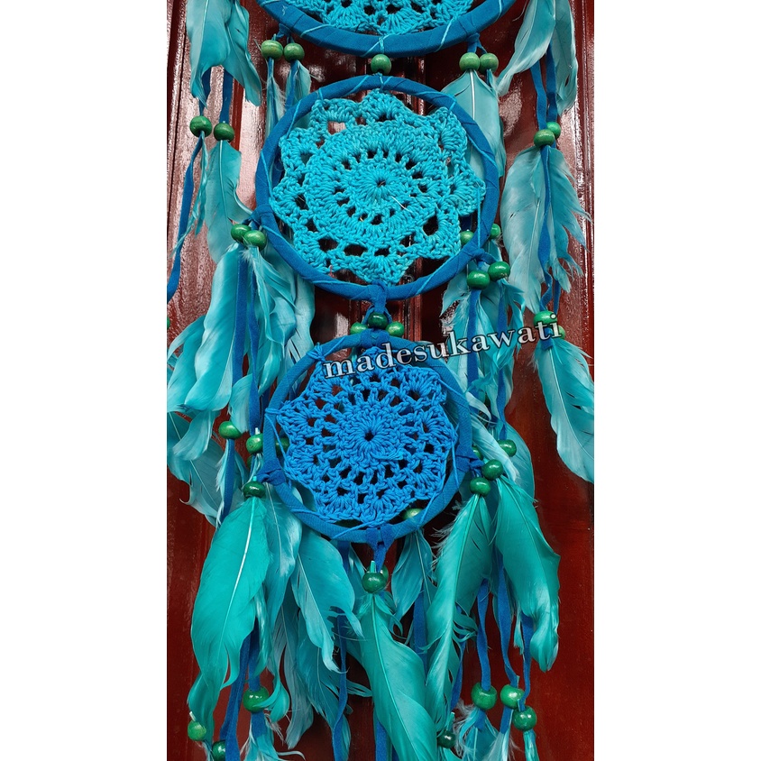 Dream catcher tingkat 3 sulam jaring benang panjang 68cm dekorasi hiasan rumah bulu ayam