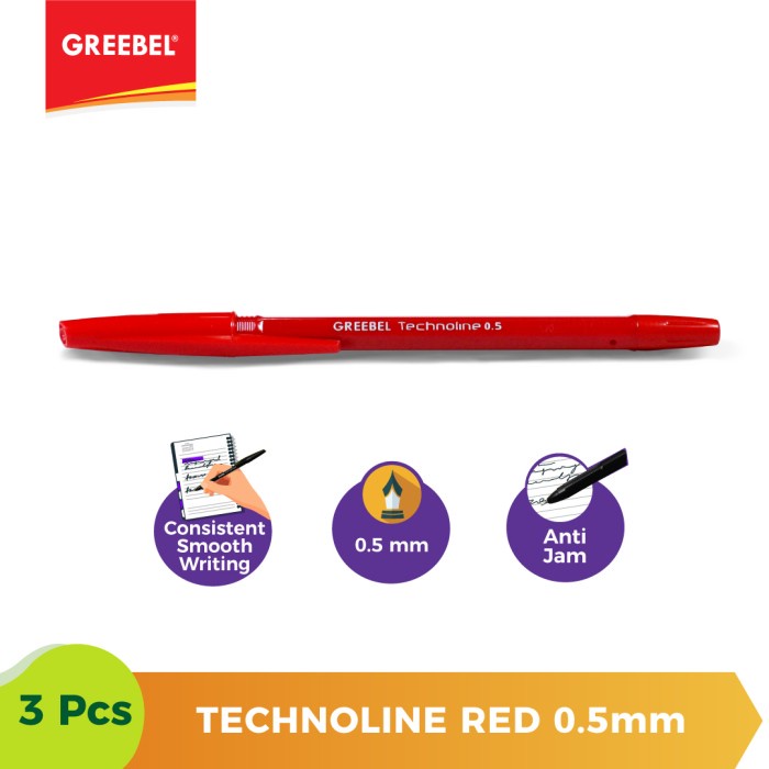 Ballpen Merah Pulpen Greebel Ballpoint Technoline0.5 Red - 3pcs.