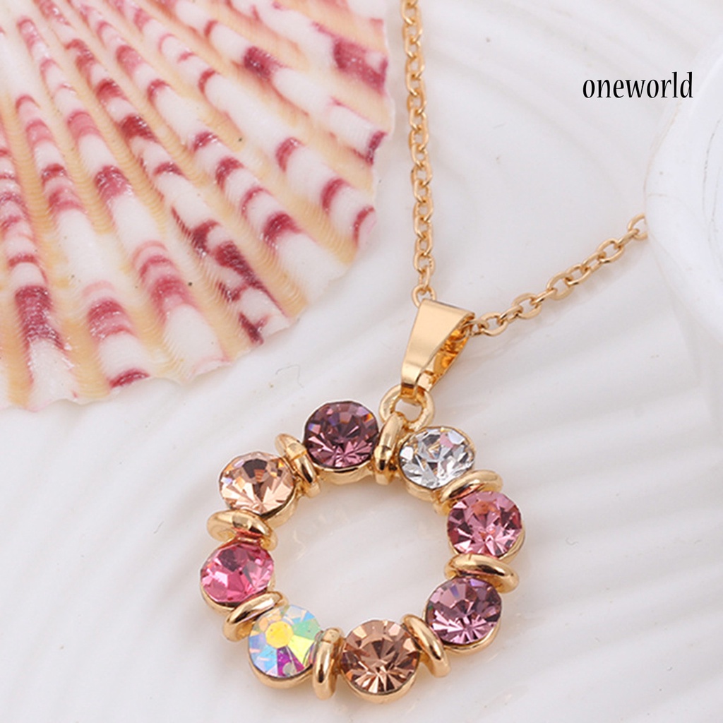 OW@ Necklace Colorful Rhinestone Round Women Pendant Necklace Earrings Set for Party