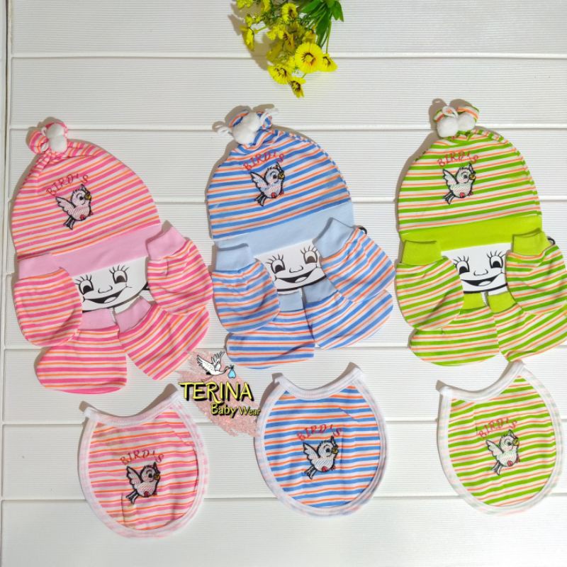 SET TOPI BAYI BARU LAHIR / Kupluk Sarung Tangan Kaki Celemek Slaber 4 IN 1 Motif