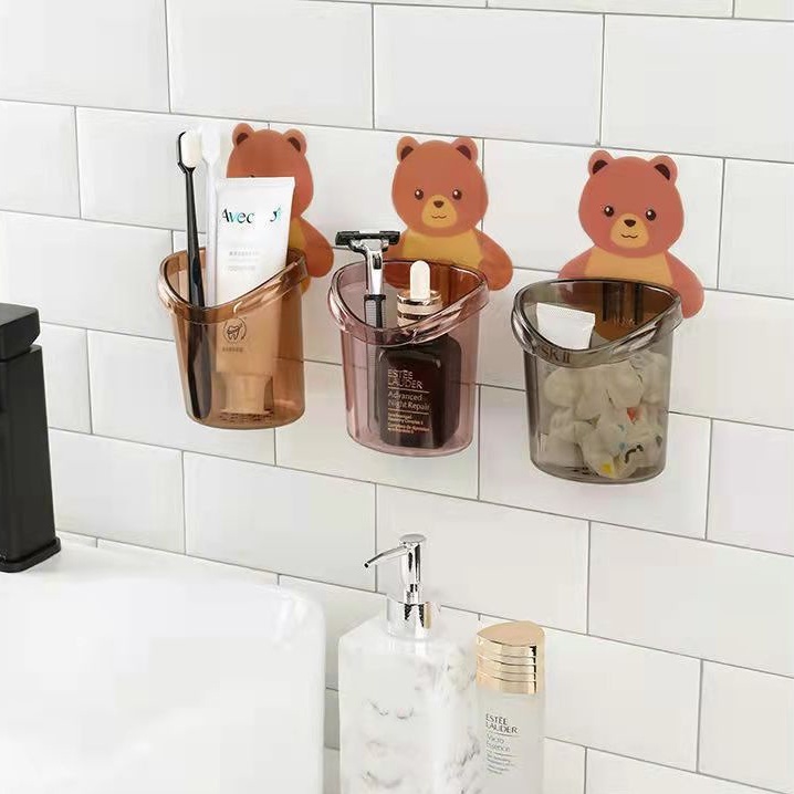 TSG Rak tempel dinding kamar mandi tempat sikat gigi sabun dll multifungsi gantungan gelas tempel beruang