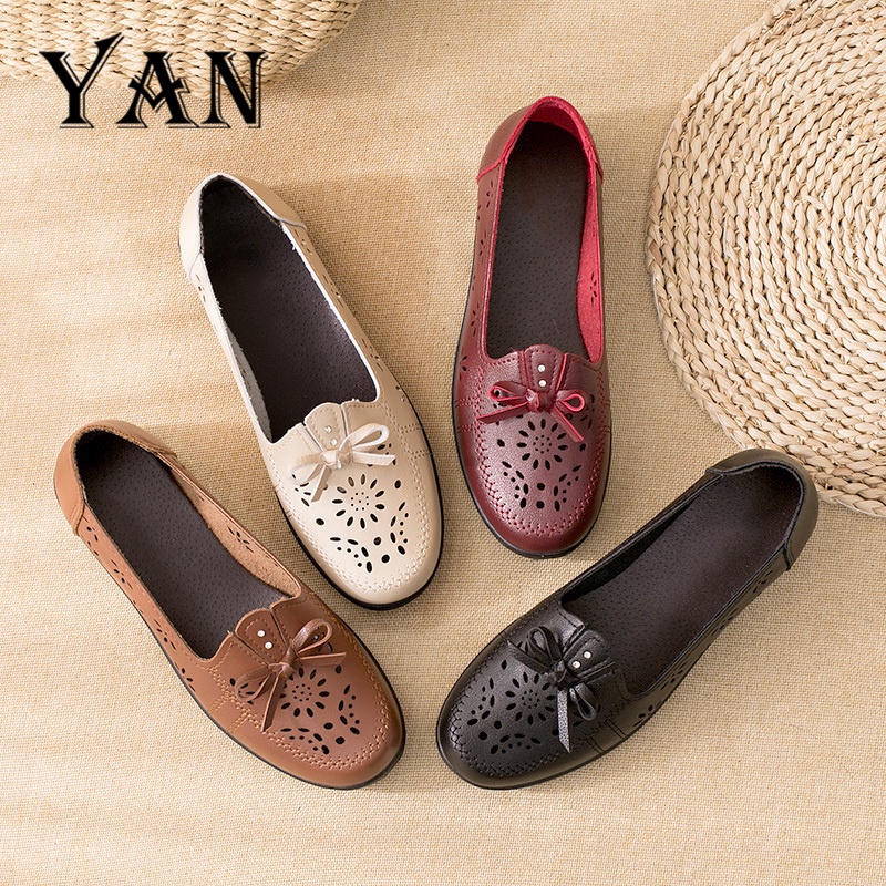 YAN Sepatu Flat Shoes Wanita Kulit Sepatu Slip On Terbaru Sepatu Kantor Nyaman Bernapas