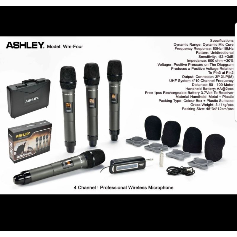 MIC WIRELESS ASHLEY WM-FOUR/WM FOUR 4BH MIC PEGANG ( HANDHELD )MULTI CHANNEL ORIGINAL