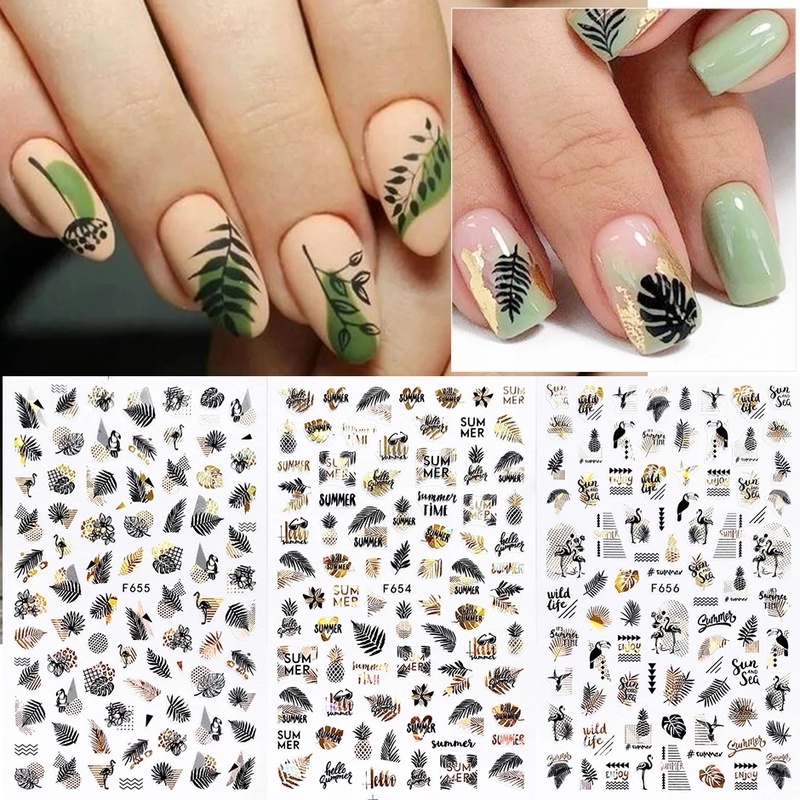 1 Lembar Stiker Kuku Transfer Air Desain Daun Musim Gugur Warna Hitam Emas Untuk Aksesoris Manicure